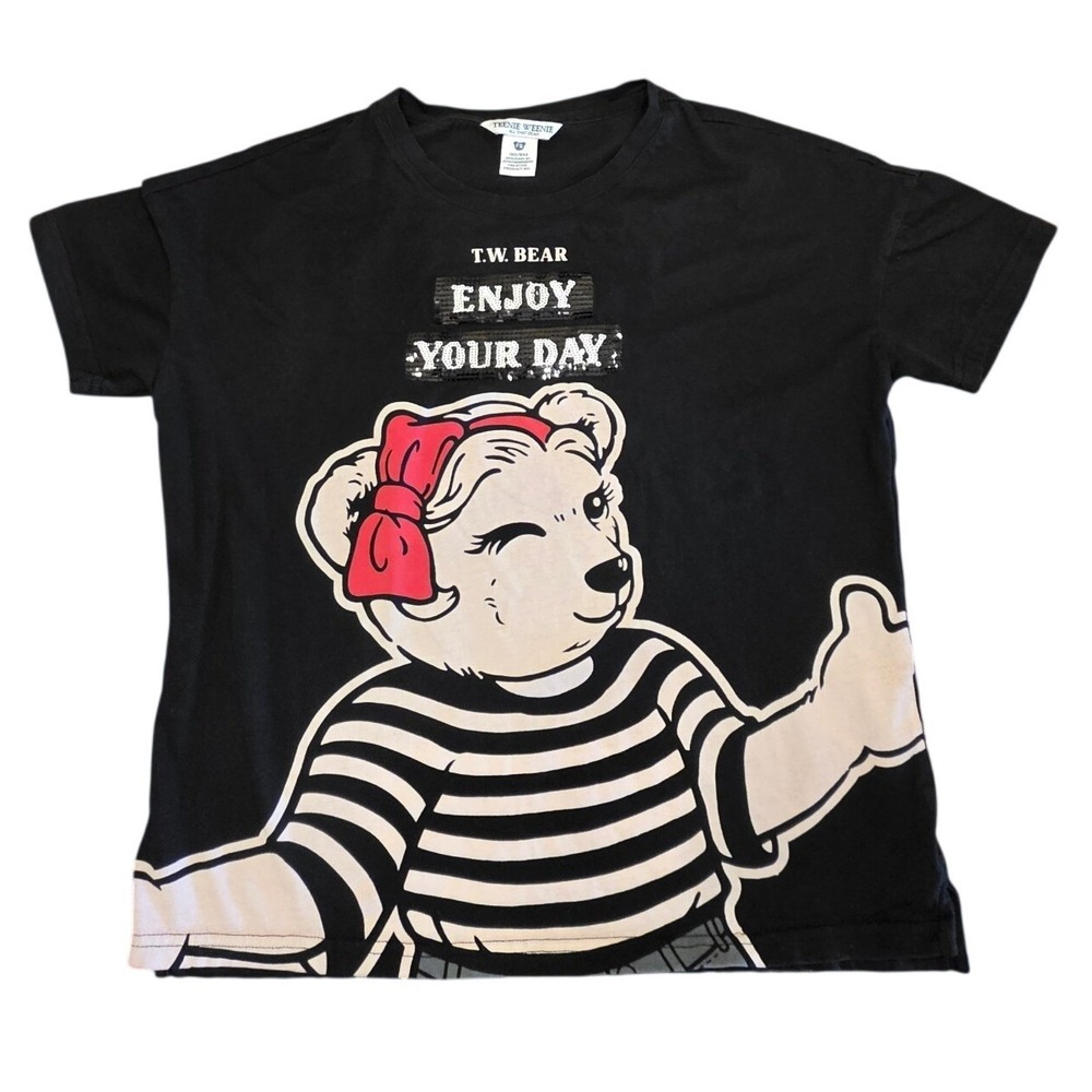 Teenie Weenie Black Bear Graphic T-Shirt Sequin Enjoy Your Day Size S vintage